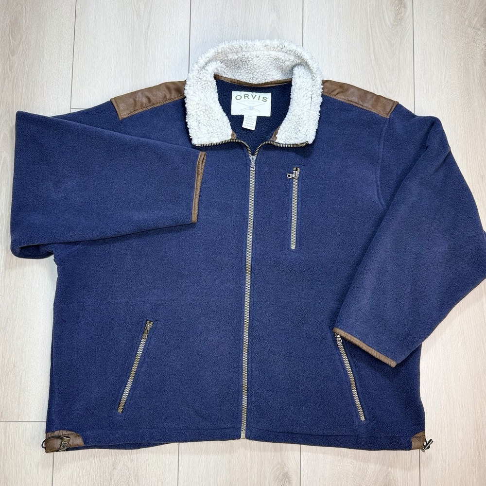 Orvis‎ Fleece Jacket Mens XXL Blue Sherpa Collar Leather Trim Full Zip Coat Warm